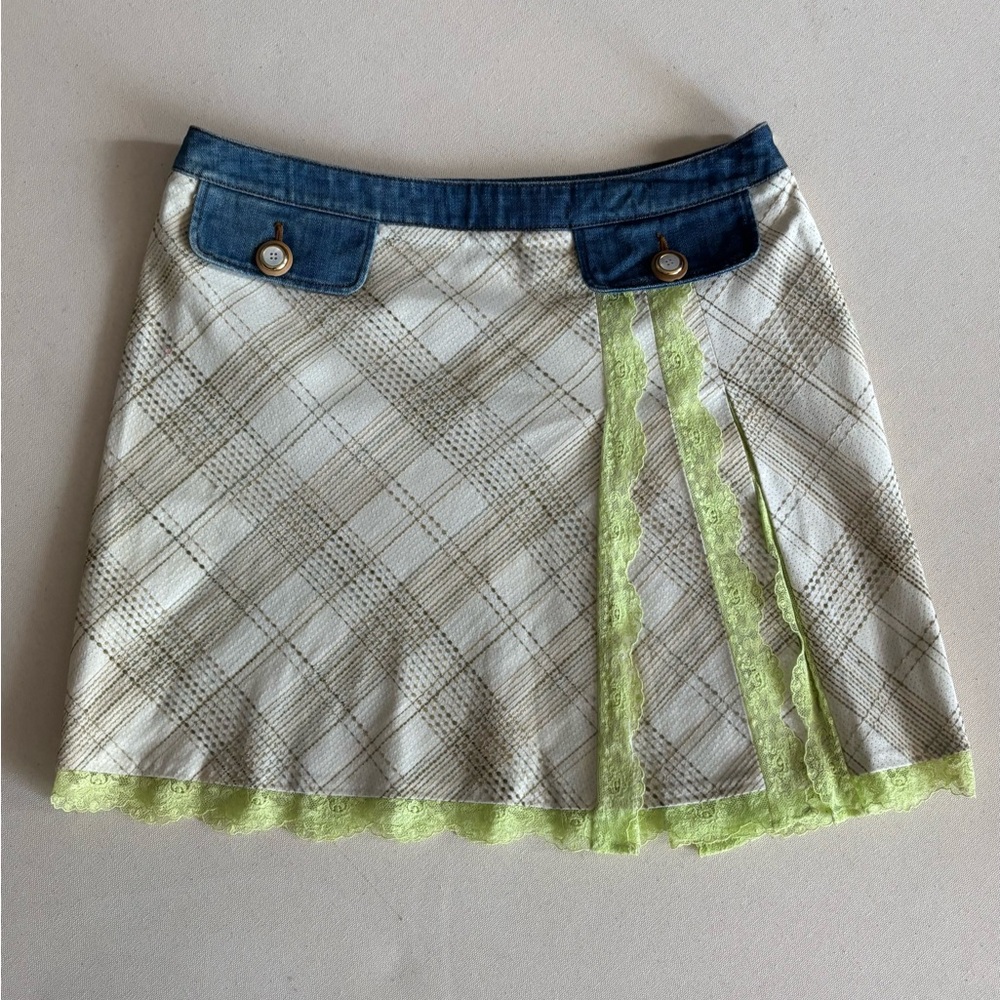 Dolce & Gabbana White Plaid Skirt with Denim and Green Lace